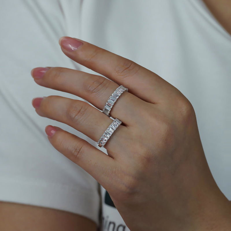 Emerald-Cut Moissanite Stack Ring in Sterling Silver – Full  - Front View - FITINY Jewelry