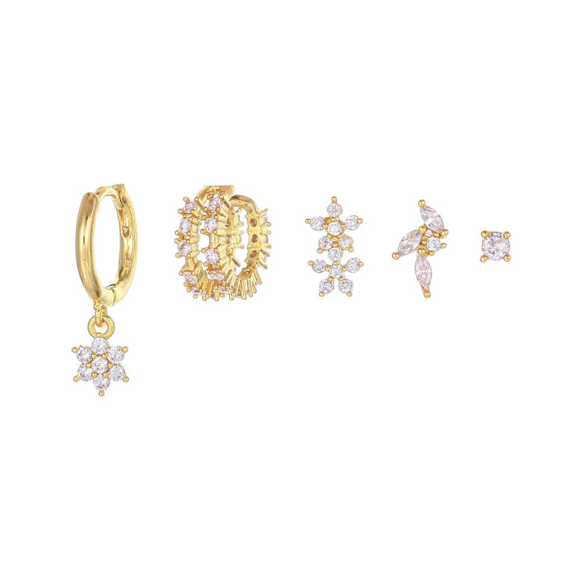 5 Pieces Floral & Geometric Zirconia Earring Set, 18k Gold P - Front View - FITINY Jewelry