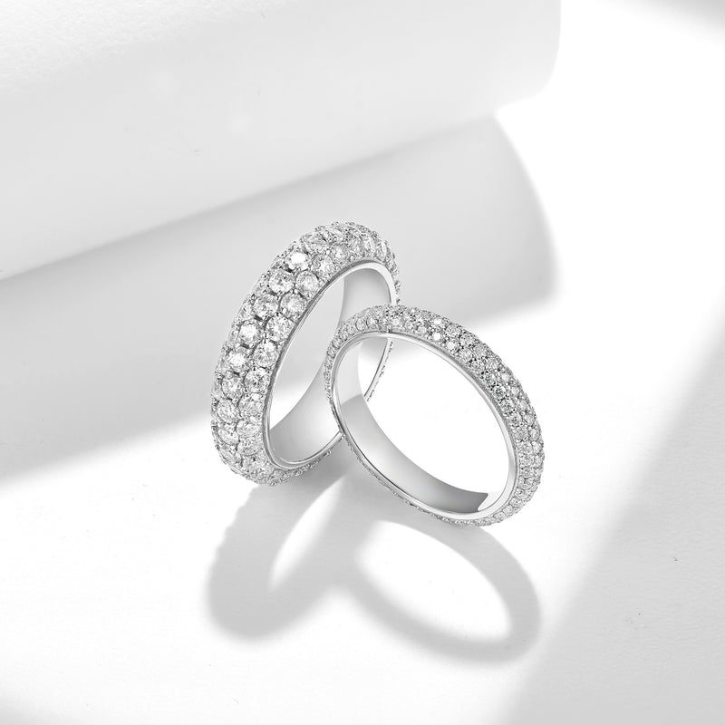 S925 Moissanite Three-Row Matching Couple Eternity Bands, Narrow 0.8ct & Wide 2.4ct Full Pave Rings, 18K White Gold Plated, US Size 4.5–10
