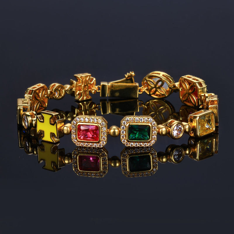 Geometric Hip Hop Bracelet with Cubic Zirconia Stones in Gol - Front View - FITINY Jewelry