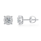 Moissanite stud earrings worn on a model's earlobe highlighting subtle elegance and fit