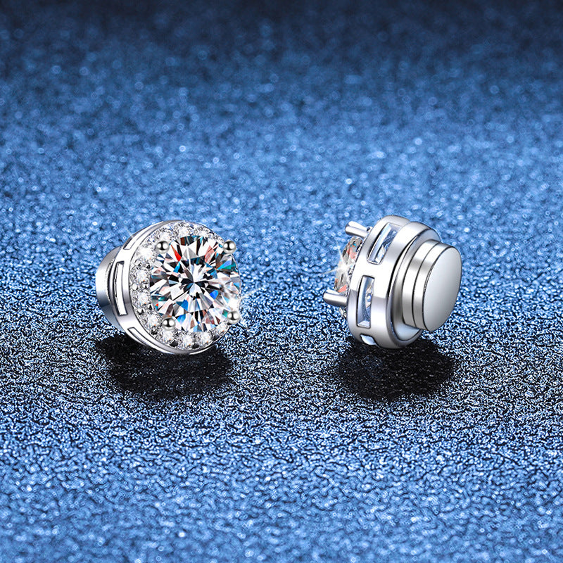 S925 Magnetic Moissanite / CZ Round Halo Stud Earrings for Men Women, 1ct 6.5mm Round Cut, Inlaid Magnetic Earrings Non-Piercing Clip On Stud Earring - Fitiny