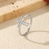 Cross Ring in Sterling Silver with Moissanite Accents - On Model View - FITINY
