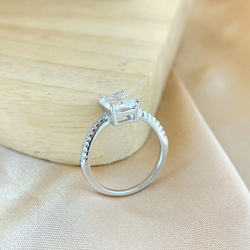 S925 Radiant Cut Moissanite & High Carbon Engagement Ring with Pavé-Set Band, 1-3 Carat VVS1 D-Color Certified, Four-Prong Sterling Silver Ring - Fitiny