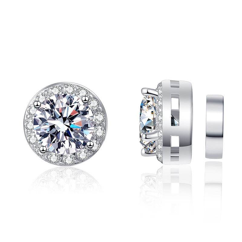 S925 Magnetic Moissanite / CZ Round Halo Stud Earrings for Men Women, 1ct 6.5mm Round Cut, Inlaid Magnetic Earrings Non-Piercing Clip On Stud Earring - FITINY Jewelry