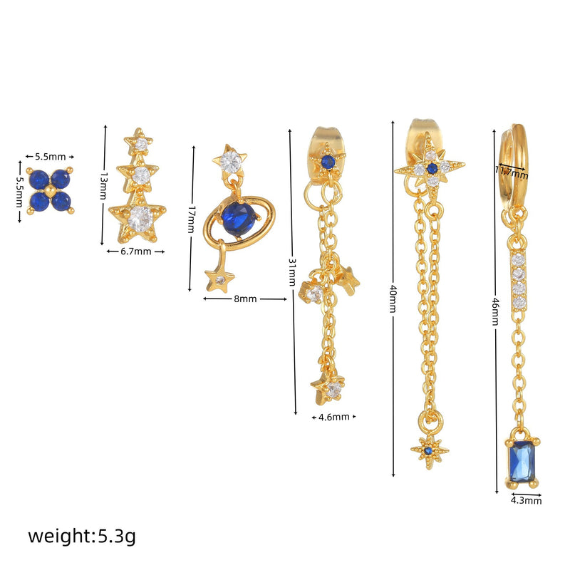 6 Pieces Planet and Long Tassel Earring Set with Micro-Pavé Dazzling Zircons, 18k Gold Plated Ear Studs & Ear Drops, Stacked Lobe Design