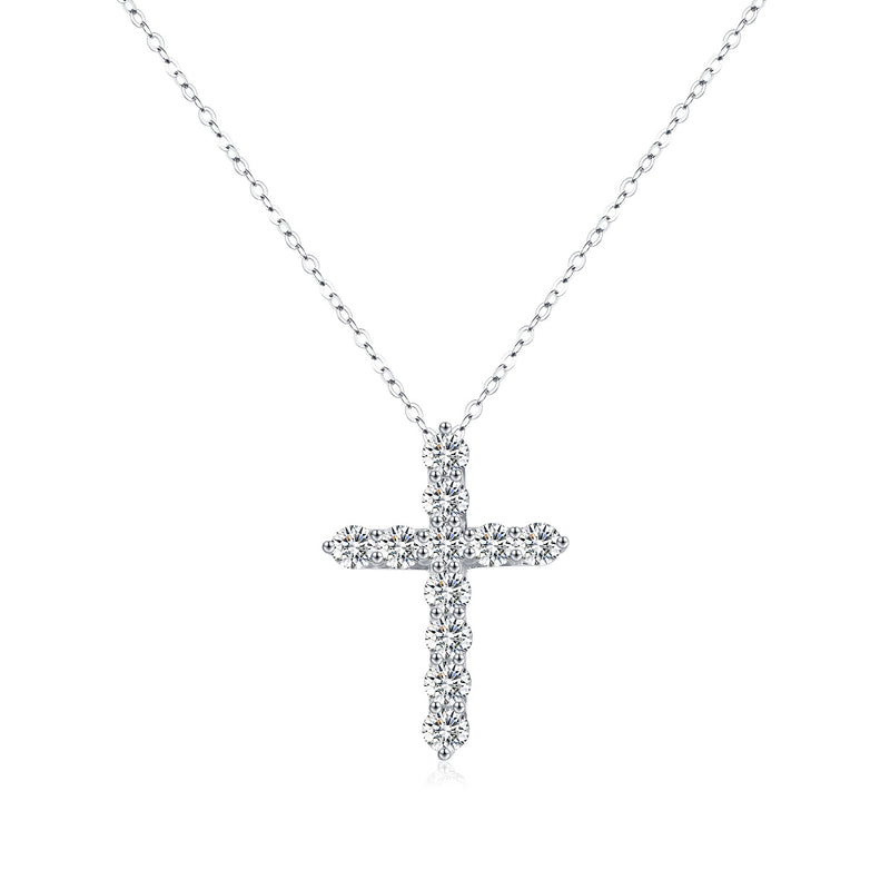 Sterling Silver Cross Pendant Necklace with Moissanite Accen - Front View - FITINY Jewelry