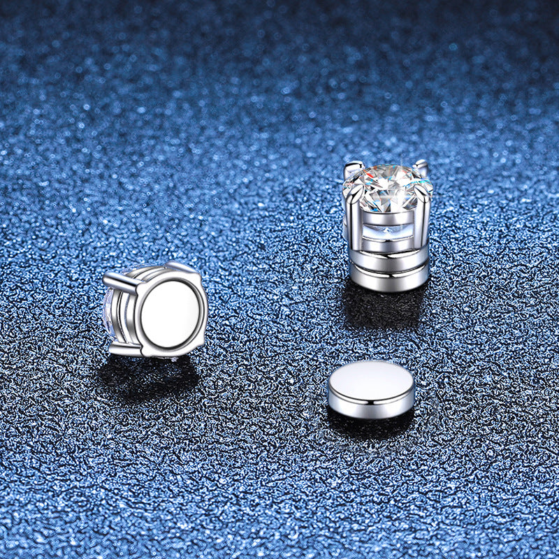 S925 Magnetic Moissanite / CZ Stud Earrings for Men Women, 1ct 6.5mm 4-Prong Round Cut, Inlaid Magnetic Earrings Non-Piercing Clip On Stud Earring