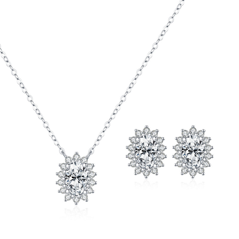 Floral Moissanite Stud Earrings & Cross Necklace Set in Ster - Front View - FITINY Jewelry