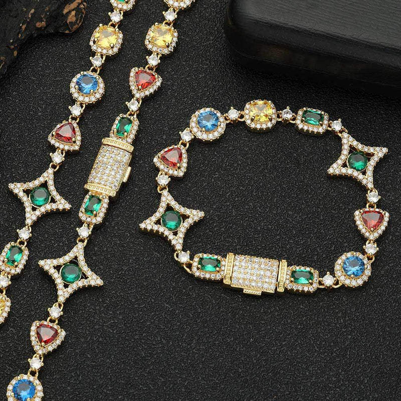 Hip Hop Zirconia Necklace and Bracelet Set in Gold or White  - Front View - FITINY Jewelry