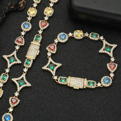 Hip Hop Zirconia Necklace and Bracelet Set in Gold or White  - Front View - FITINY Jewelry