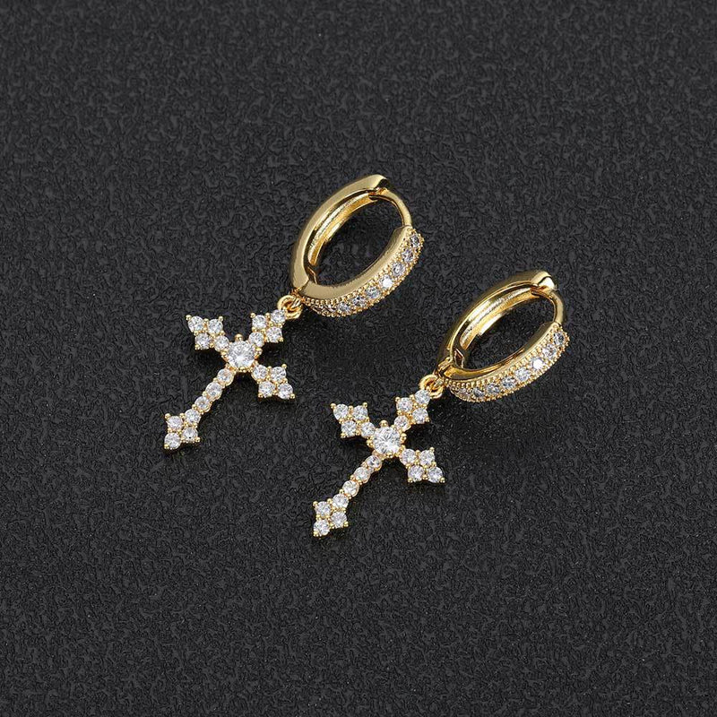 Geometric Cross Stud Earrings with Cubic Zirconia in Gold or - Front View - FITINY Jewelry