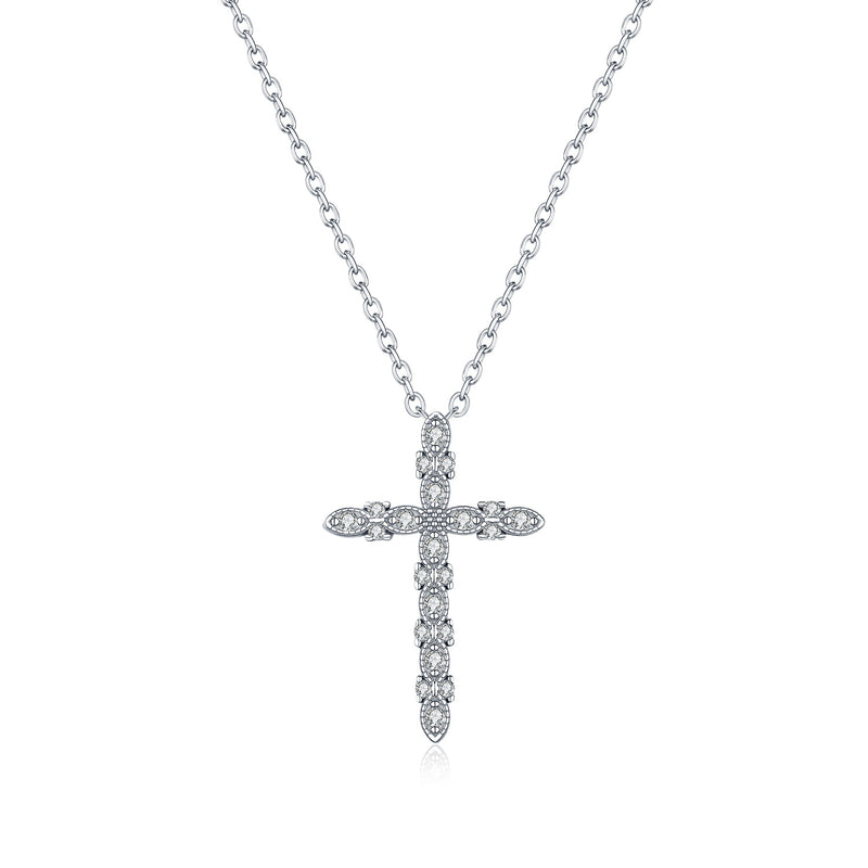 Sterling Silver Cross Pendant Necklace with Sparkling Moissa - Front View - FITINY Jewelry