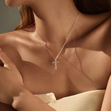 Sterling Silver Cross Pendant Necklace with Sparkling Moissa - Side View - FITINY