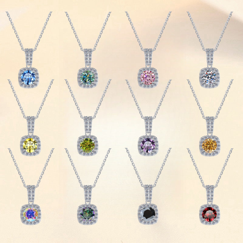 S925 Colorful Moissanite Pendant Necklace with Pavé-Set Halo & Hoop, 1ct D-Grade VVS1 Moissanite in 12 Dazzling Colors with GAR Certification, Sterling Silver Necklace