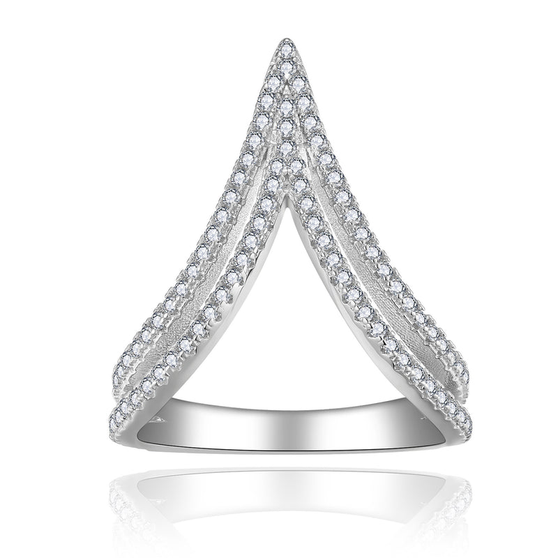 Double-V Openwork Moissanite Stack Ring in Sterling Silver w - Front View - FITINY Jewelry