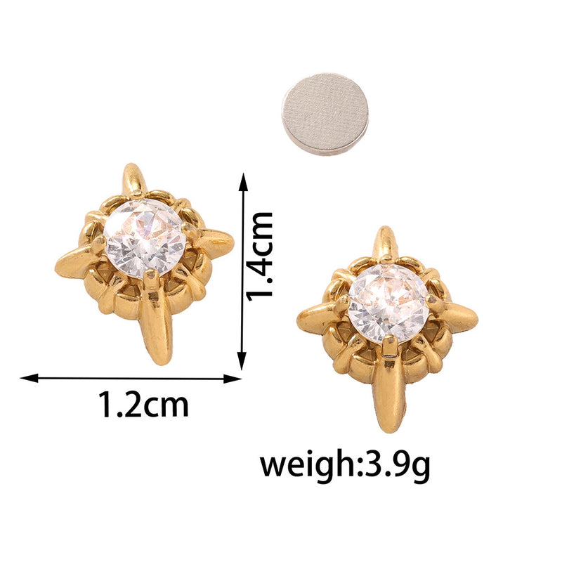 Multicolor Stainless Steel Magnetic 4-Pointed Star CZ Stud Earrings for Men Women, Round Cubic Zirconia Inlaid Magnetic Earrings Non-Piercing Clip On Stud Earring - Fitiny