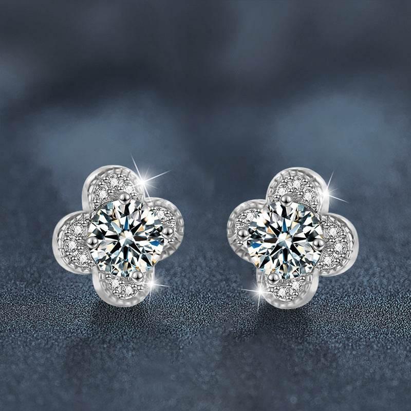 S925 Moissanite Clover Stud Earrings, Sterling Silver
