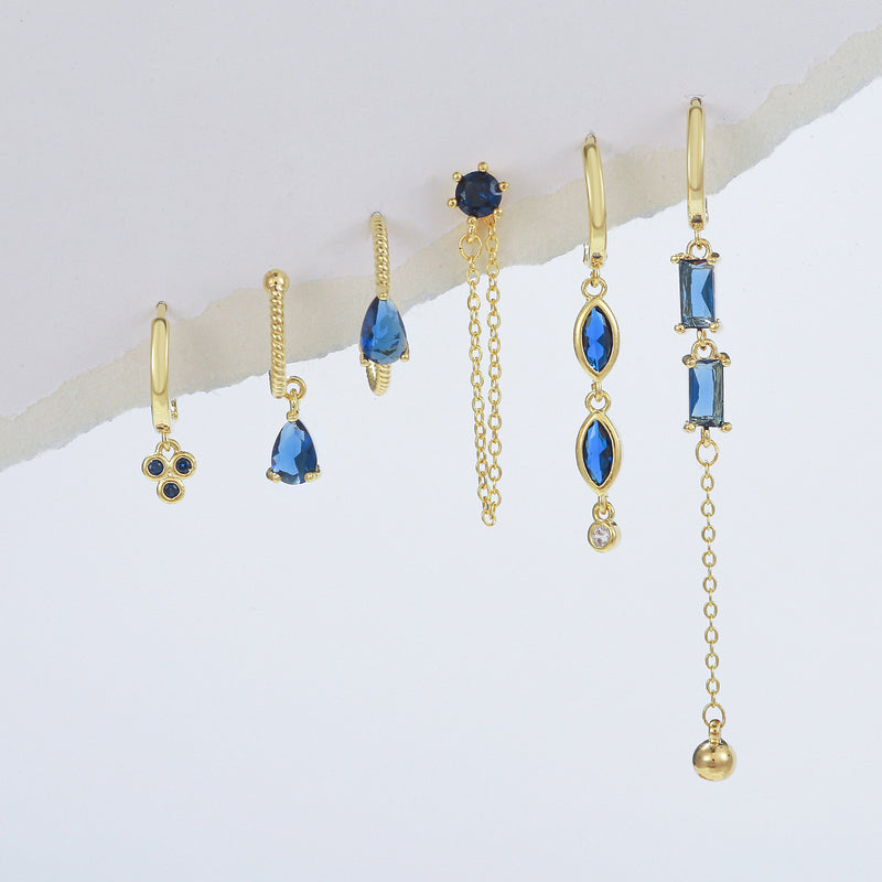 6 Pieces Long Tassel Vintage Earring Set with Micro-Pavé Dazzling Blue Zircons, 18k Gold Plated Ear Studs & Ear Drops, Stacked Lobe Design