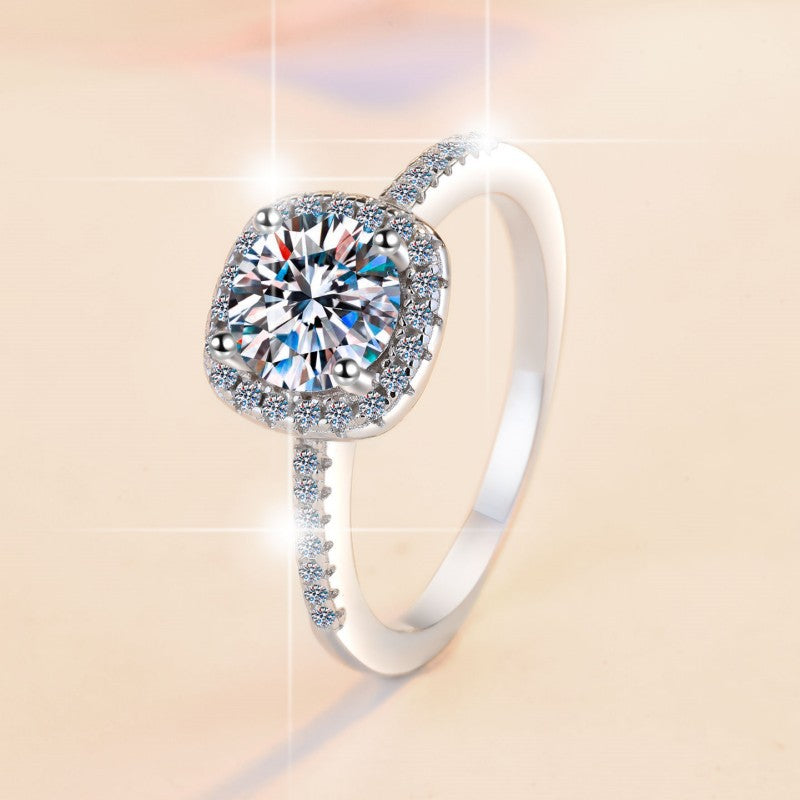 S925 Colorful Moissanite Halo Rings with Pavé-Set Band & Square Accents, 0.5ct-2ct D-Grade VVS1 Moissanite in 12 Vibrant Colors with GAR certification, Sterling Silver Adjustable Ring