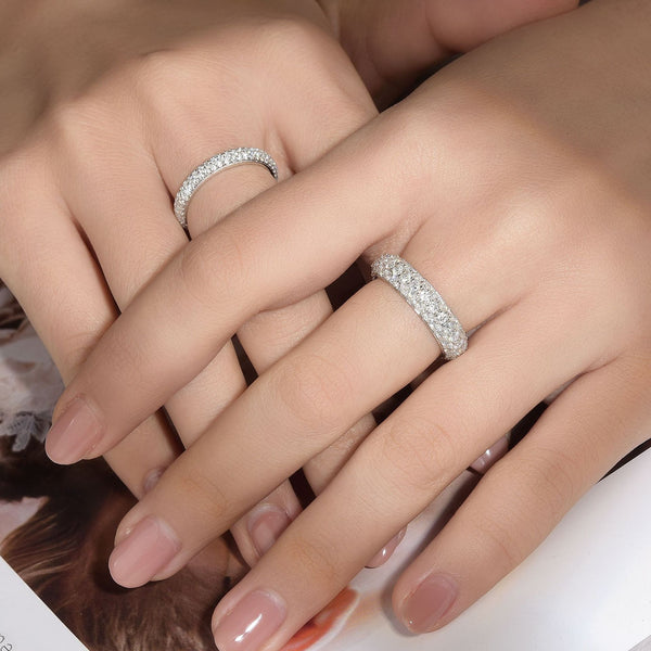 S925 Moissanite Three-Row Matching Couple Eternity Bands, Narrow 0.8ct & Wide 2.4ct Full Pave Rings, 18K White Gold Plated, US Size 4.5–10