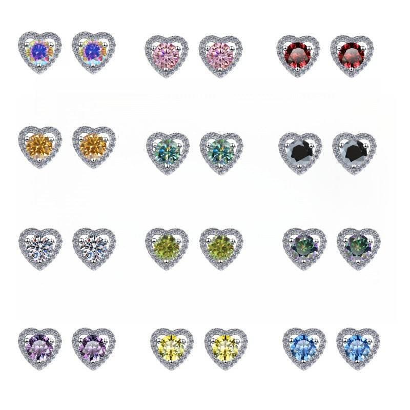 S925 Colorful Moissanite/CZ Heart Shape Halo Stud Earrings, 0.5ct D-Grade VVS Certificate, Hypoallergenic Sterling Silver Gift - FITINY Jewelry