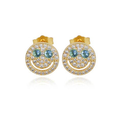 Smiling Face Zirconia Stud Earrings in Gold or White Gold Pl - Front View - FITINY Jewelry