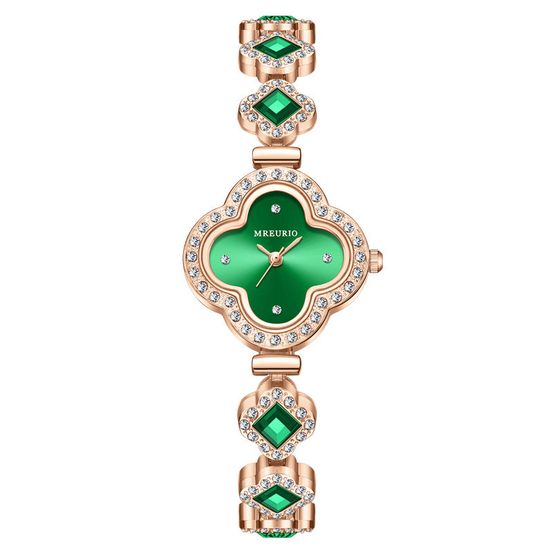 Luxury Women’s Four-Leaf Clover Rhinestone Bracelet Quartz Watch with Diamond-Studded Dial & Bracelet, Elegant Analog Wristwatch for Ladies