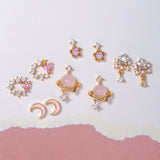 16 Pairs Pink Heart Stud Hoop Huggies Drop Earrings Set, 18K Gold Plated Stacking CZ & Pearl Designs, Planet Snowflake Moon Star