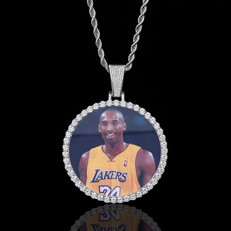 Oversized Round Photo Pendant Necklace with Cubic Zirconia A - Front View - FITINY Jewelry