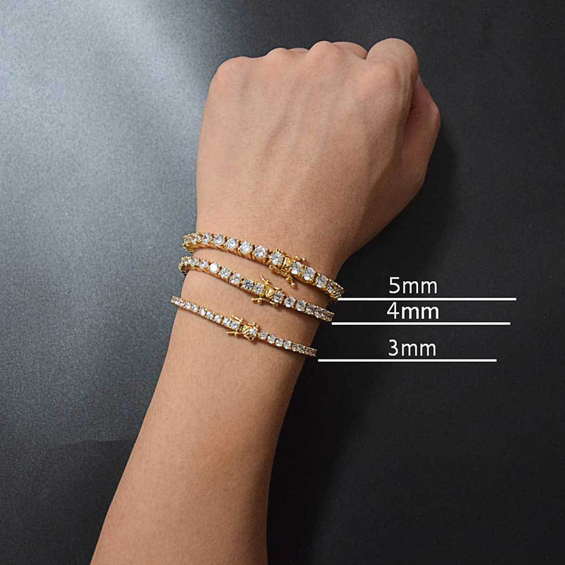 Hip Hop Iced Out Tennis Chain Bracelet, 18K Gold & White Gold Plated, 3–6mm CZ Iced Out Bling Jewelry