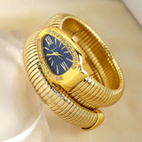 Serpentine Quartz Watch with Fashionable Diamond-Studded Bracelet, Open Cuff Ladies' Watch Snake Shaped Tiny Watch