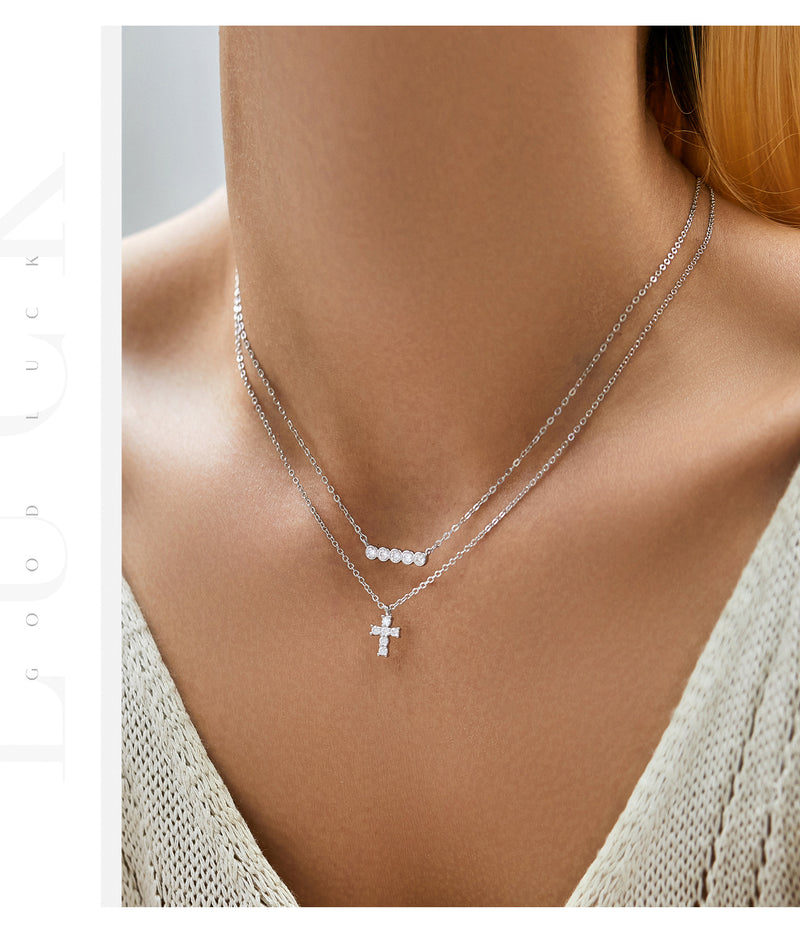 FITINY S925 Sterling Silver Moissanite Cross Pendant Necklace for Women - Trendy Layered Style