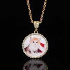 Round Photo Pendant Necklace with Cubic Zirconia Accents in  - Front View - FITINY Jewelry