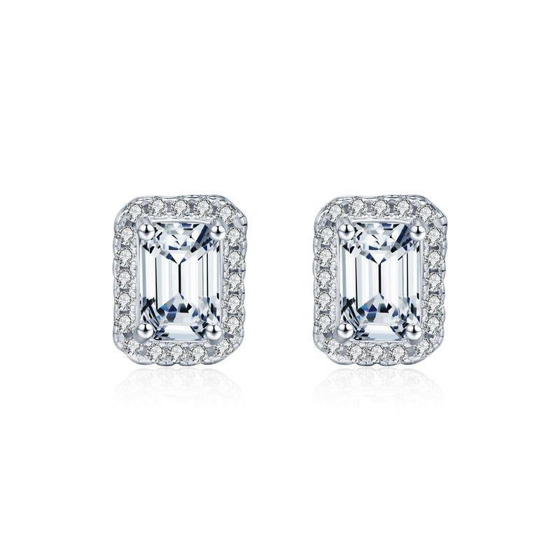 Emerald-Cut Moissanite Stud Earrings in Sterling Silver - Front View - FITINY Jewelry