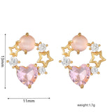 16 Pairs Pink Heart Stud Hoop Huggies Drop Earrings Set, 18K Gold Plated Stacking CZ & Pearl Designs, Planet Snowflake Moon Star