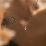 Side angle showing delicate chain and pendant profile