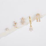 5 Pieces Floral & Geometric Zirconia Earring Set, 18k Gold Plated Studs, Drops & Hoops, Chic Stacked Lobe Cartilage Earrings