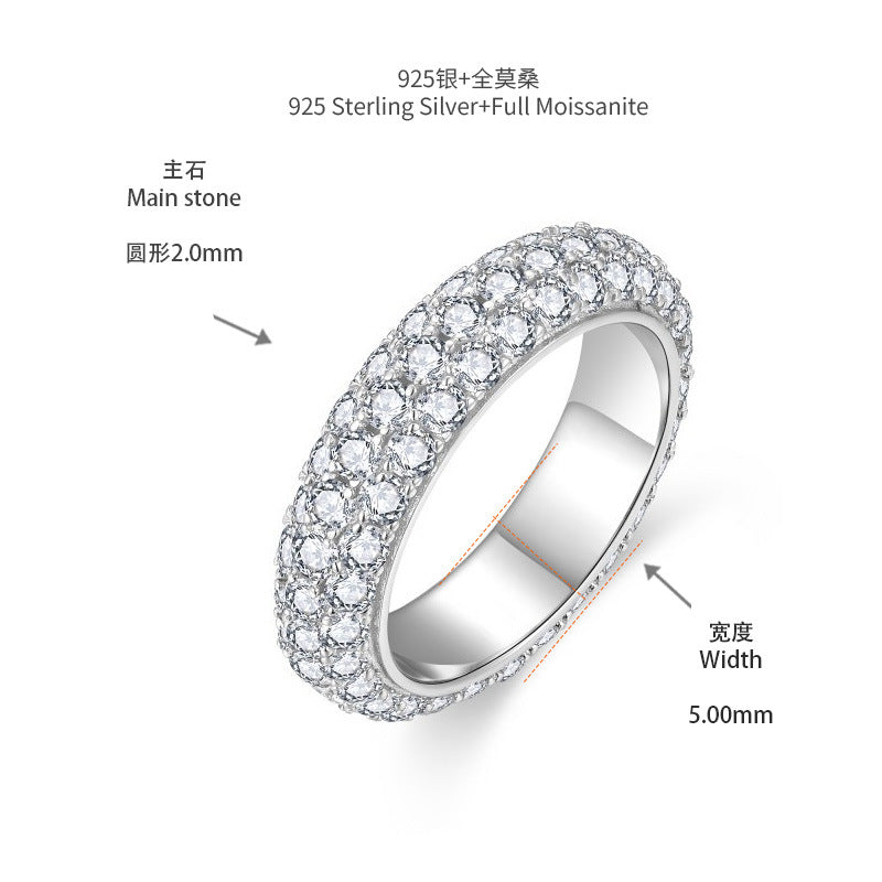 S925 Moissanite Three-Row Matching Couple Eternity Bands, Narrow 0.8ct & Wide 2.4ct Full Pave Rings, 18K White Gold Plated, US Size 4.5–10