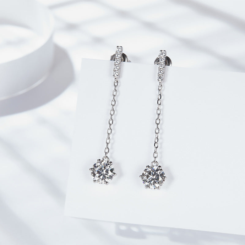 S925 Sterling Silver Six-Prong Drop Earrings with Brilliant  - Front View - FITINY Jewelry