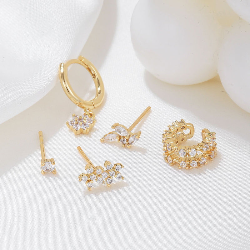 5 Pieces Floral & Geometric Zirconia Earring Set, 18k Gold Plated Studs, Drops & Hoops, Chic Stacked Lobe Cartilage Earrings