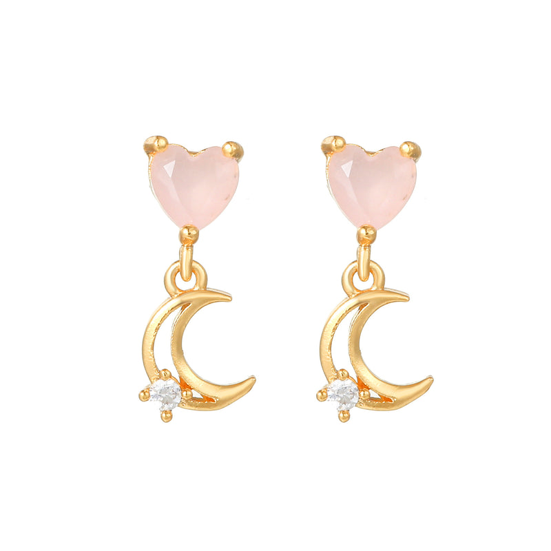 16 Pairs Pink Heart Stud Hoop Huggies Drop Earrings Set, 18K Gold Plated Stacking CZ & Pearl Designs, Planet Snowflake Moon Star