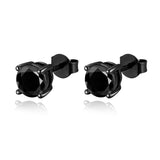 Pair of black moissanite stud earrings displayed on velvet jewelry tray