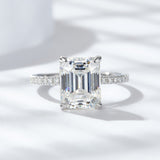 S925 Emerald Cut 4ct Moissanite Engagement Ring, 4 Carat VVS1 D-Color 3EX-Cut Moissanite Four-Prong Sterling Silver Ring