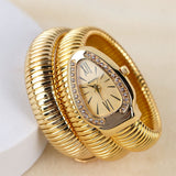 Serpentine Quartz Watch with Fashionable Diamond-Studded Bracelet, Open Cuff Ladies' Watch Snake Shaped Tiny Watch