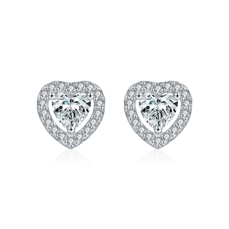 Sterling Silver Heart Stud Earrings with Moissanite Accents  - Front View - FITINY Jewelry