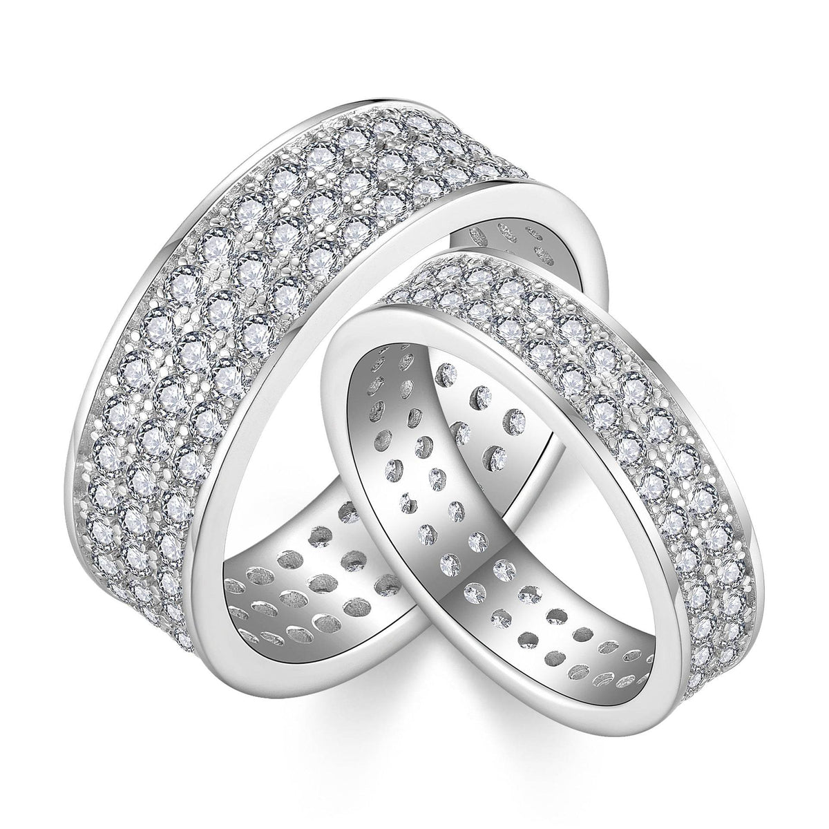 S925 Moissanite Matching Couple Eternity Bands Wedding Rings, Two-Row 1ct & Three-Row 1.8ct, D-Grade VVS, 18K White Gold Plated Unisex Rings - FITINY Jewelry