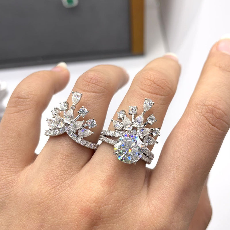 Crown Stack Ring: D-E Color Moissanite Drop-Cut Solitaire in - On Model View - FITINY