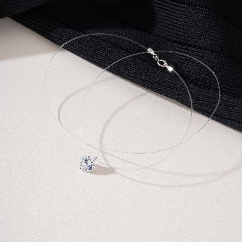 S925 Mermaid Tear Floating CZ Necklace, Sterling Silver Invisible Fishing Line 6-8mm Cubic Zirconia Pendant, 40+5cm Adjustable Dainty Minimalist Choker