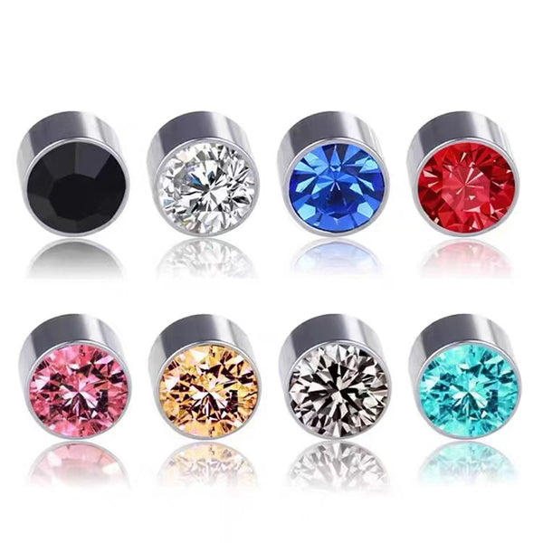 Multicolor Stainless Steel Magnetic Round Stud Earrings for Men Women, 6mm Round CZ Inlaid Magnetic Earrings Non-Piercing Clip On Stud Earring